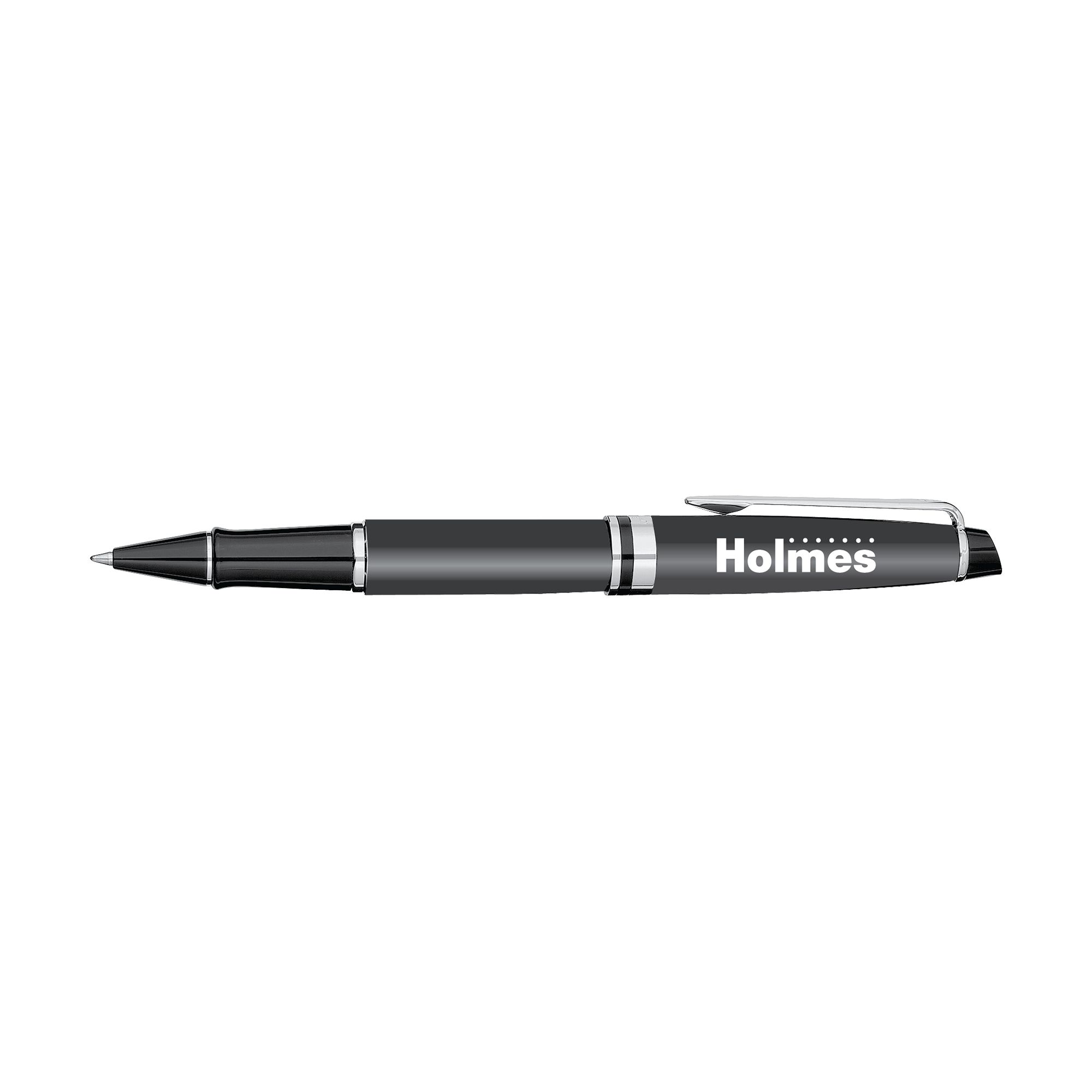 black pen with chrome detailing and the word "holmes"